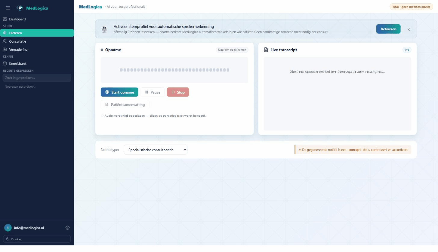 Dicteren — opname met live transcript en concept-notitie